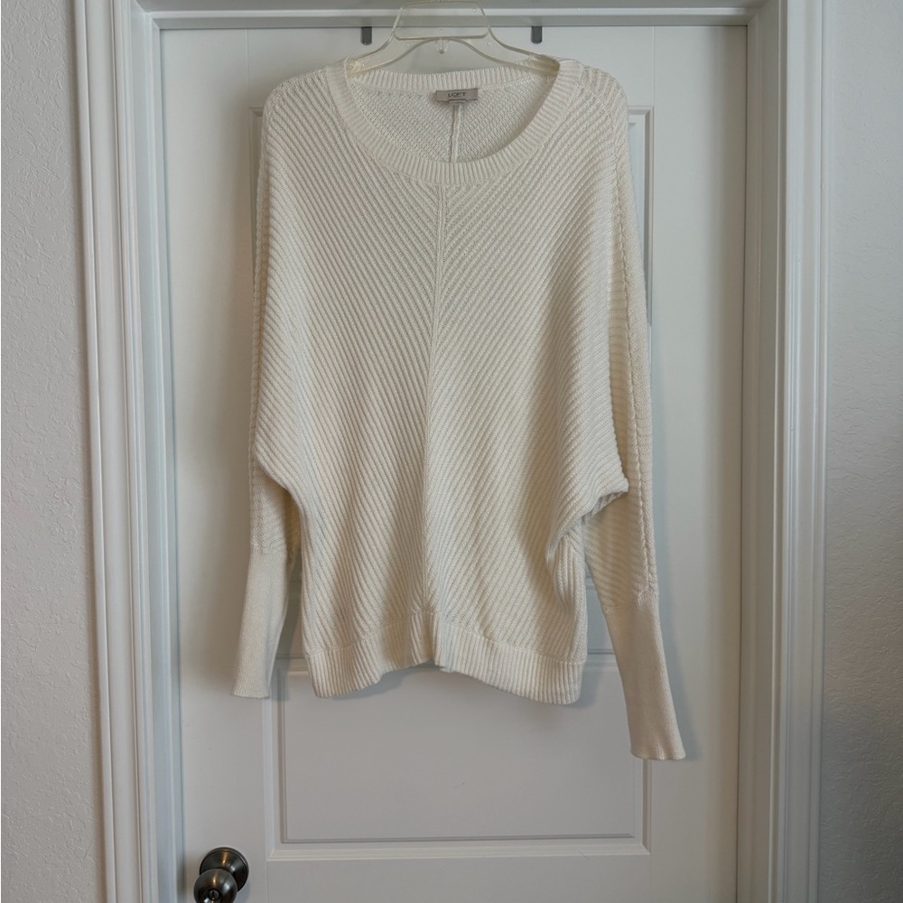 LOFT Cream Crewneck Ribbed Knit Sweater